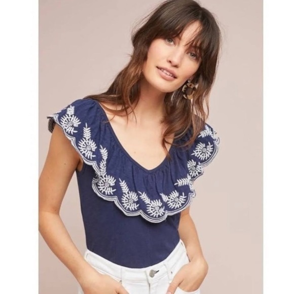 Anthropologie Tops - ANTHROPOLOGIE Moulinette Soeurs Julieta Embroidered Floral Ruffle Top S Navy